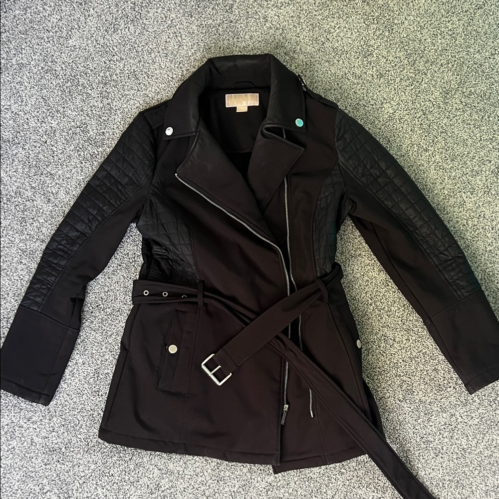 Michael Kors Black Belted Jacket with Quilted Sleeves